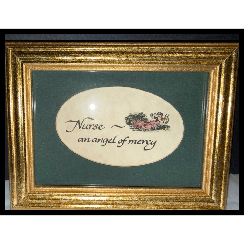 Framed Art Print Nurse Angel of Mercy Gold Green 4x6‎ Medical Gift